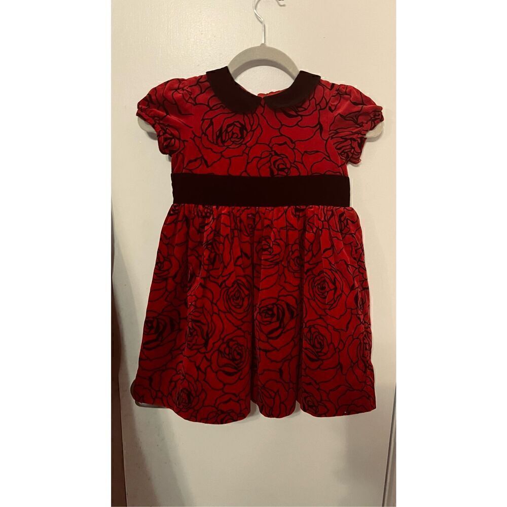 HartStrings Red Black Velvet Palampore Floral Ribbon Dress Toddler Size 3T (B)